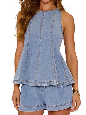 🌷 VICI Collection
Coordinating Denim Contrast Seam Crew Neck Peplum Blouse
